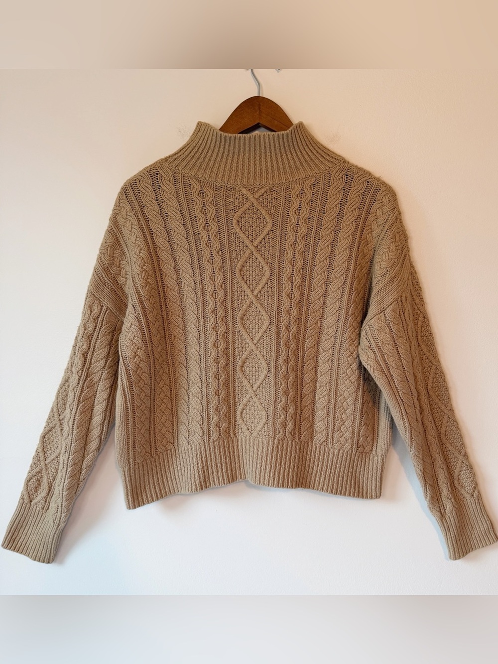 Banana Republic Tan Cable Knit Mock Turtleneck Fisherman Sweater, size Medium - Picture 8 of 16